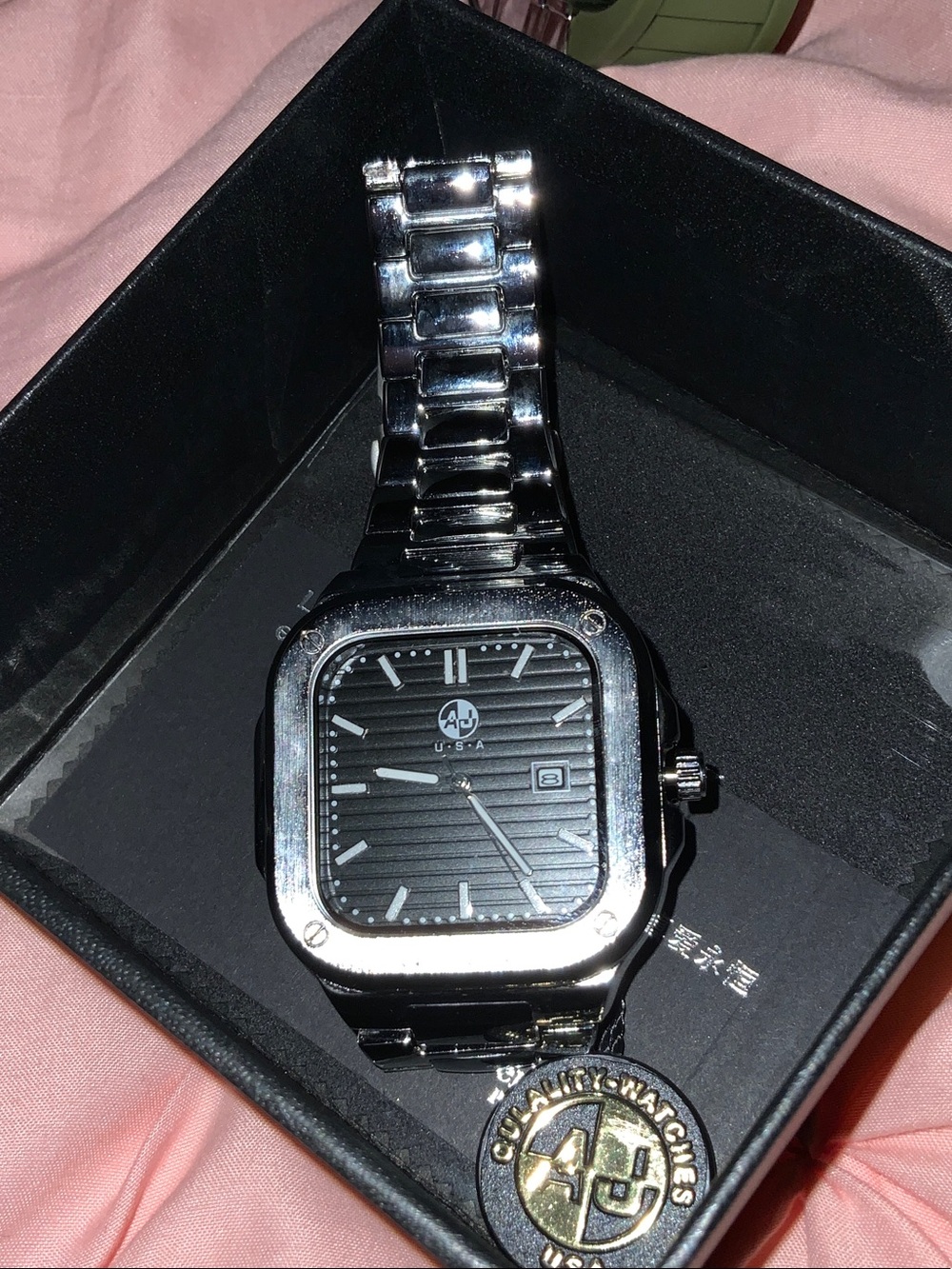 AJ USA Silver-Tone Square Men's Watch - Black Dial